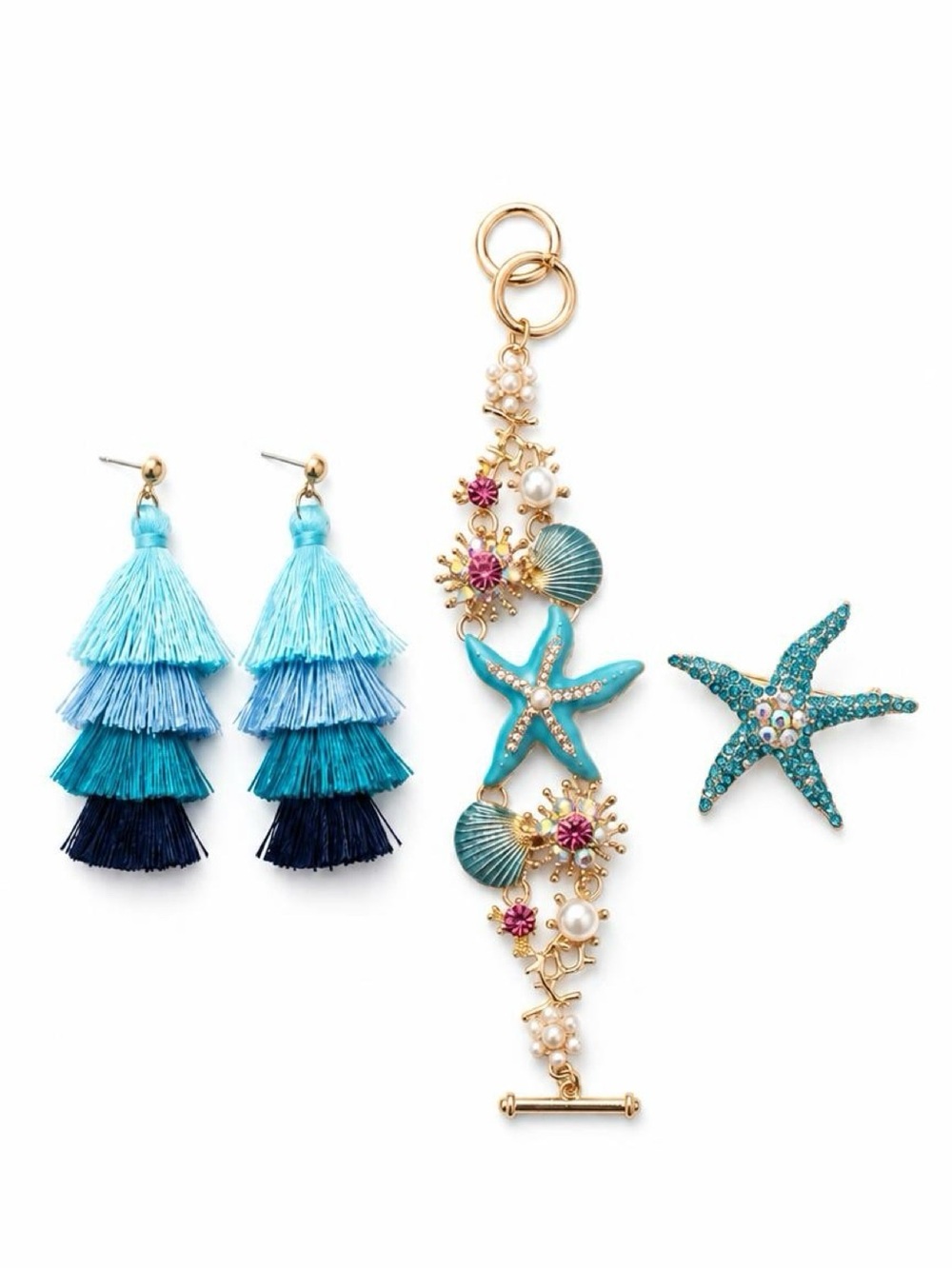 Turquoise Starfish Bracelet with Blue Ombre Tassel Earrings & Starfish Brooch